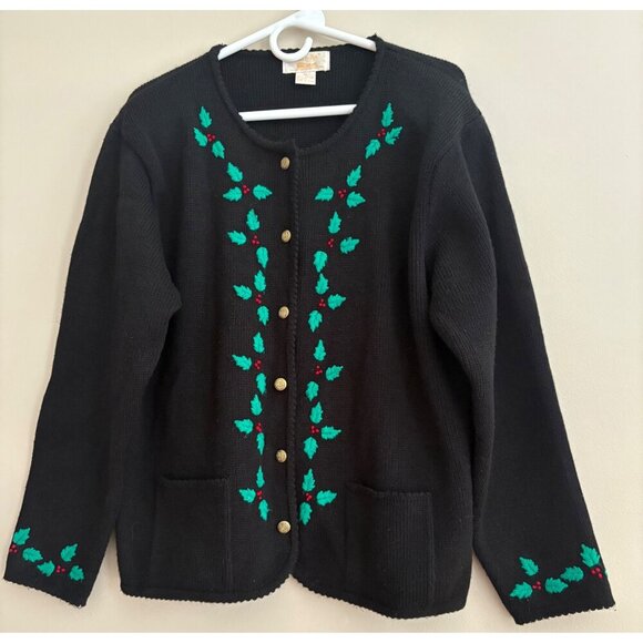 Vintage Tally-Ho Black Holly Embroidered Christmas Cardigan Sweater Women's XL - Picture 4 of 13
